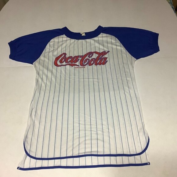 Vintage Coca Cola Ringer Baseball Striped T Shirt Size L 12-14 Blue/White USA - Picture 1 of 7